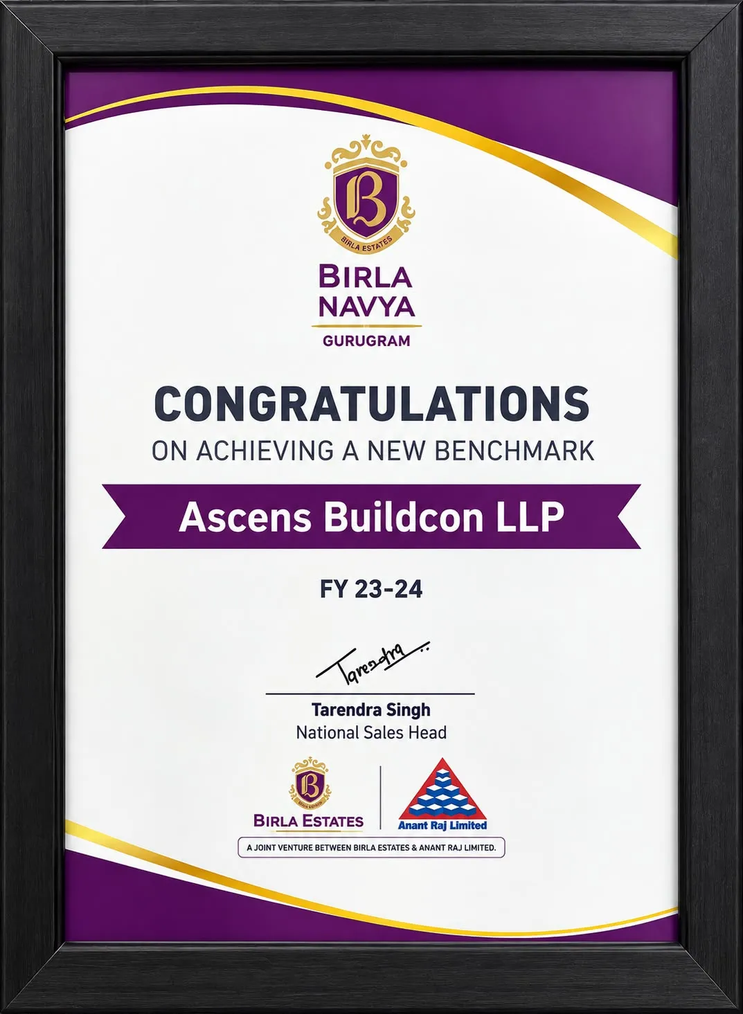Framed Birla Navya certificate congratulating Ascens Buildcon LLP on achieving a new benchmark.