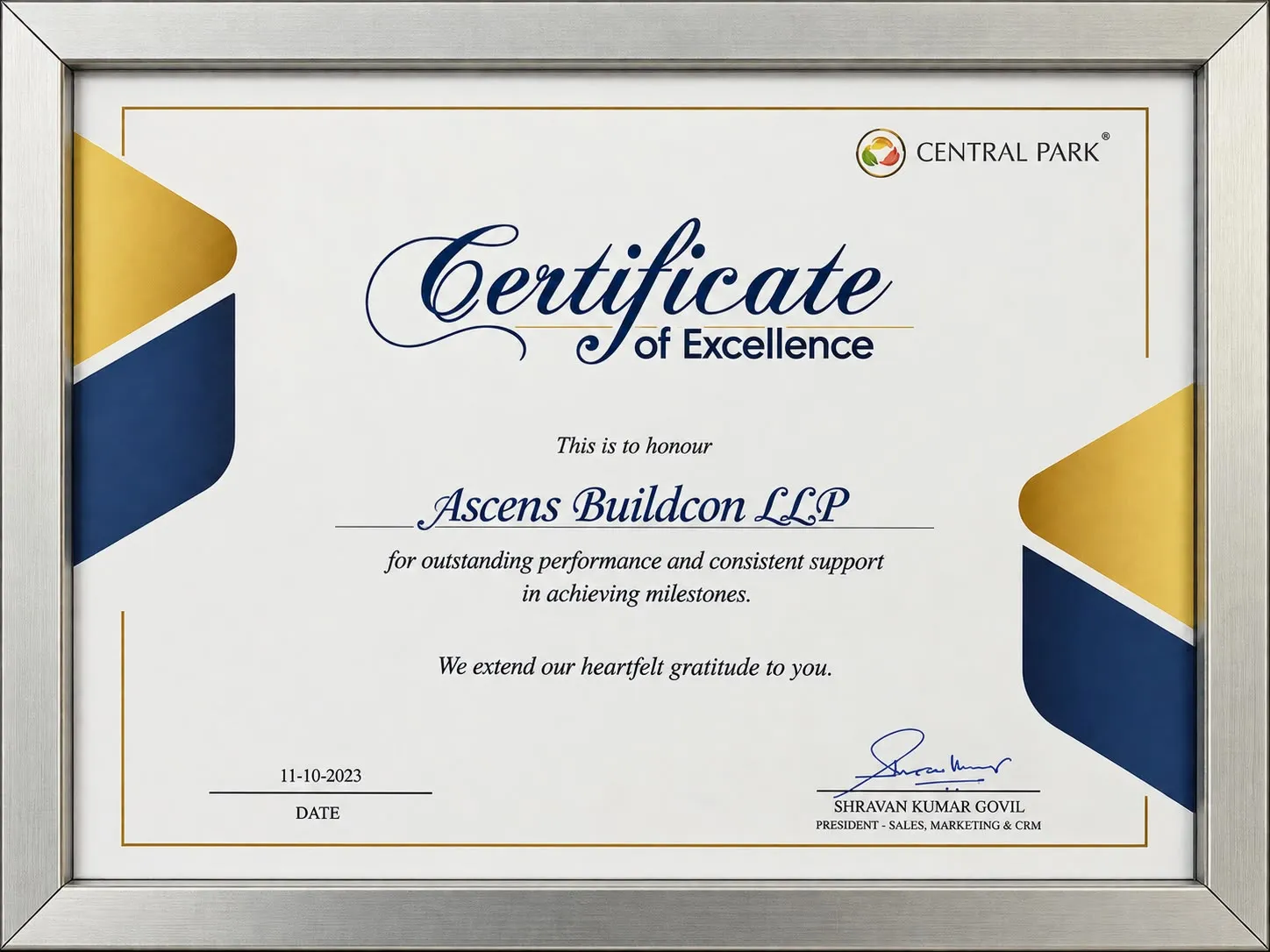 Silver-framed Central Park certificate of excellence honouring Ascens Buildcon LLP.