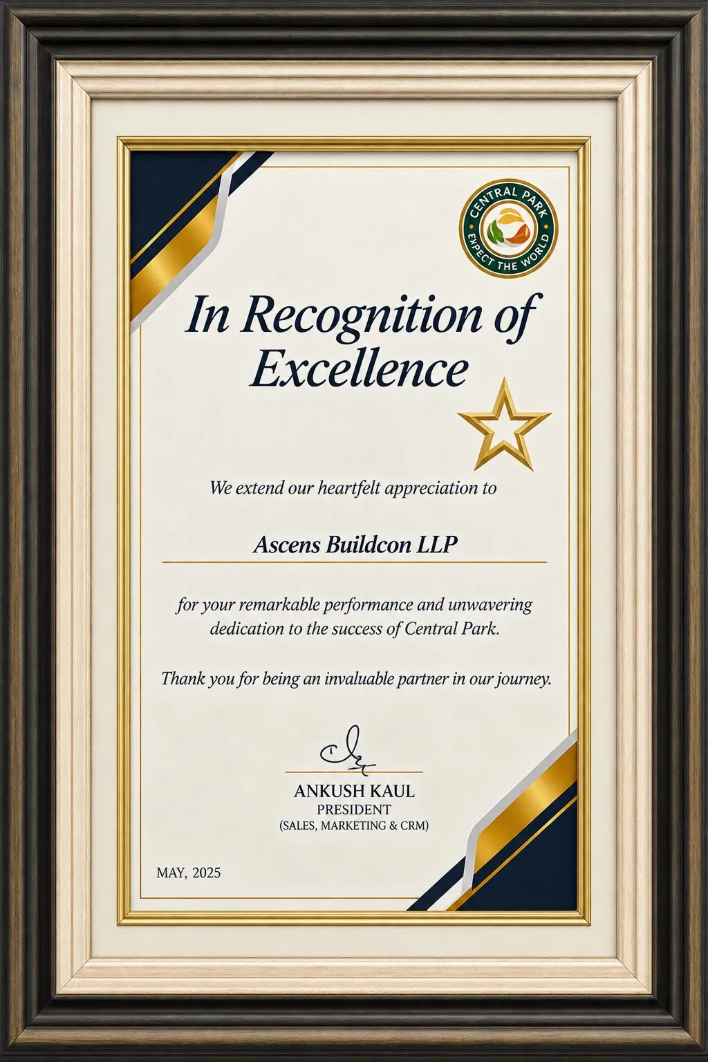 Gold-framed Central Park certificate recognising Ascens Buildcon LLP for its contribution to the success of Central Park.