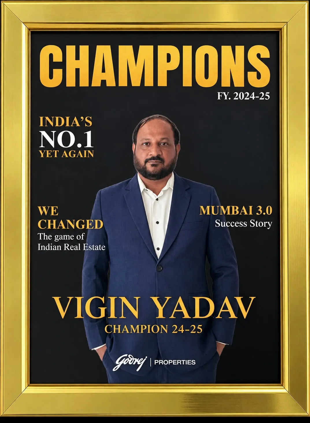 Gold-framed Godrej Properties Champions award honouring Vigin Yadav of Ascens as a Mumbai 3.0 success story.