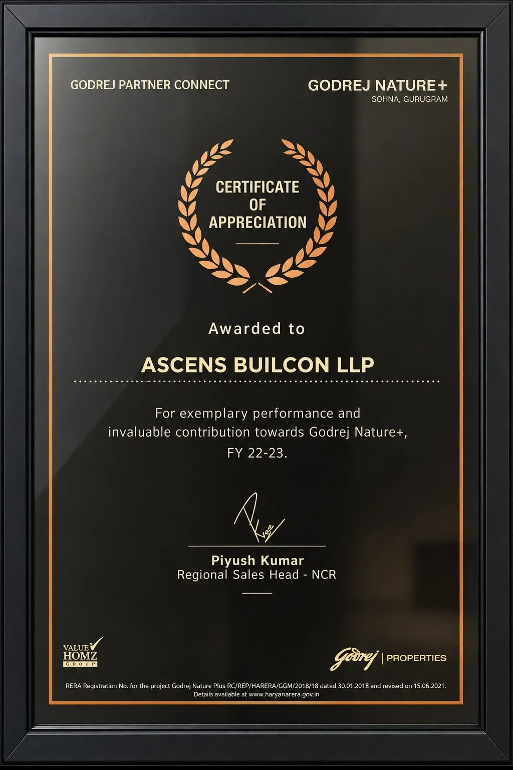 Black and gold Godrej Partner Connect certificate of appreciation awarded to Ascens Buildcon LLP for Godrej Nature+.