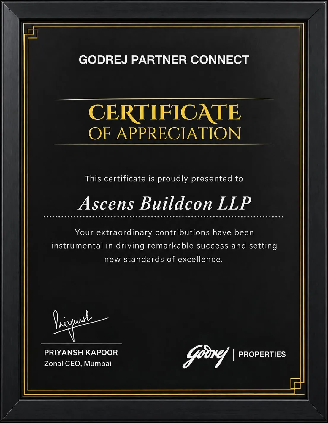 Black and gold Godrej Partner Connect certificate of appreciation presented to Ascens Buildcon LLP.