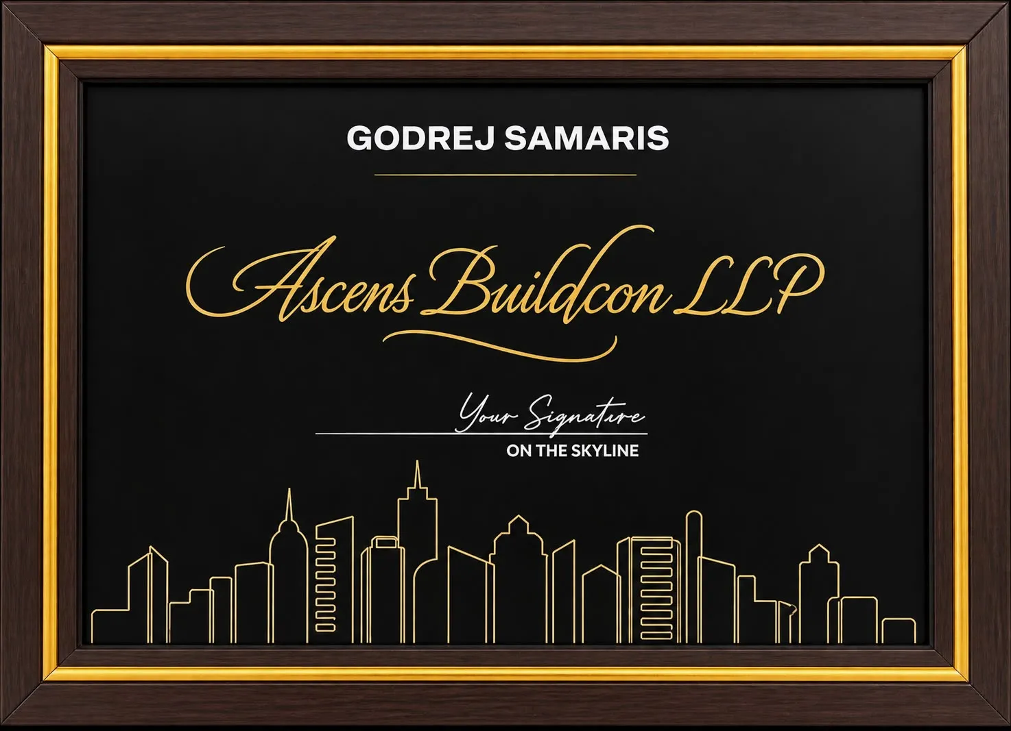 Wood-framed Godrej Samaris plaque with a gold skyline, inscribed to Ascens Buildcon LLP.