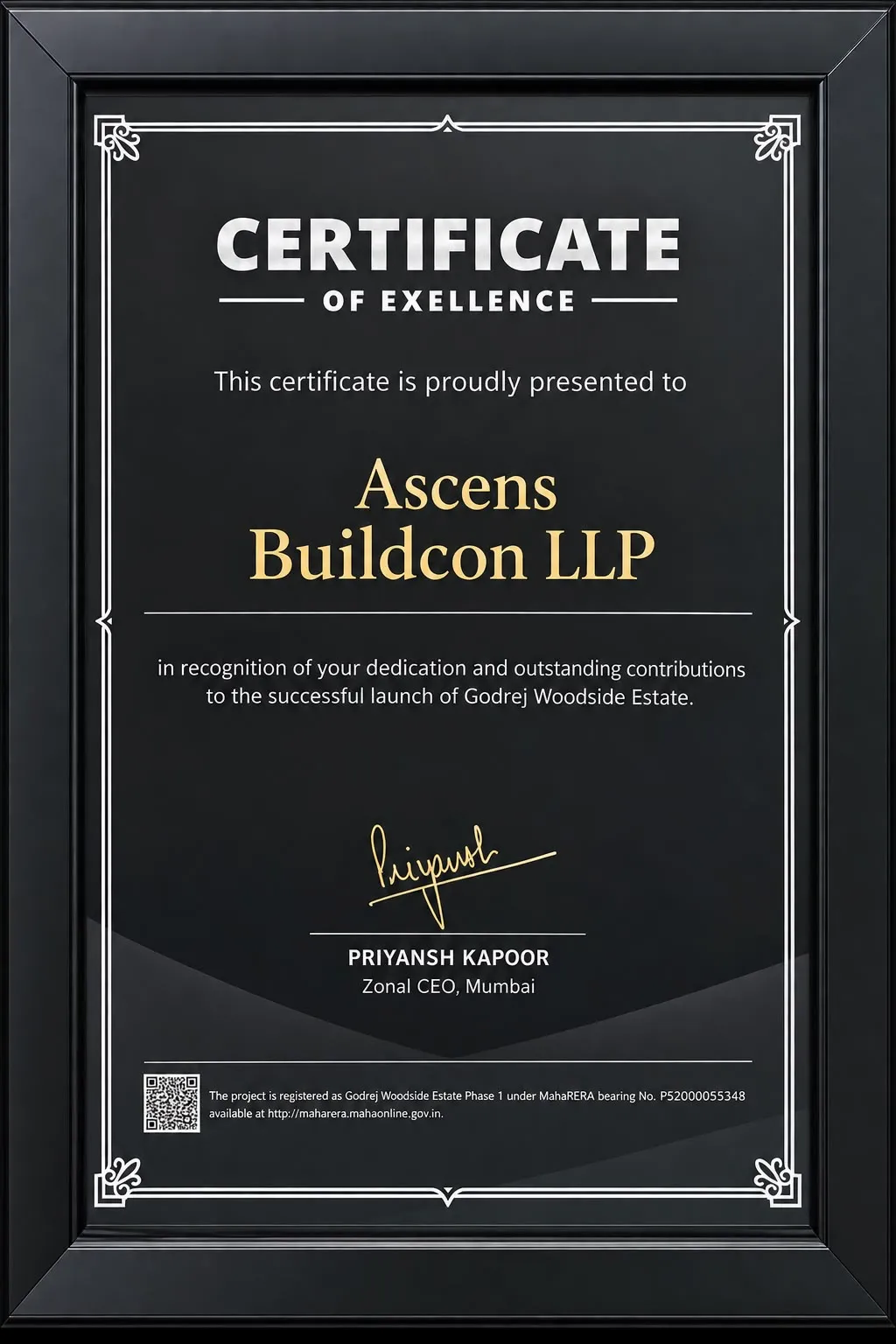 Black and silver Godrej Properties certificate of excellence presented to Ascens Buildcon LLP for the Godrej Woodside Estate launch.