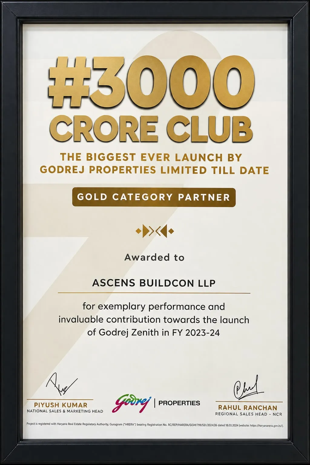 Framed Godrej Properties certificate naming Ascens Buildcon LLP a gold category partner in the 3000 crore club for Godrej Zenith.