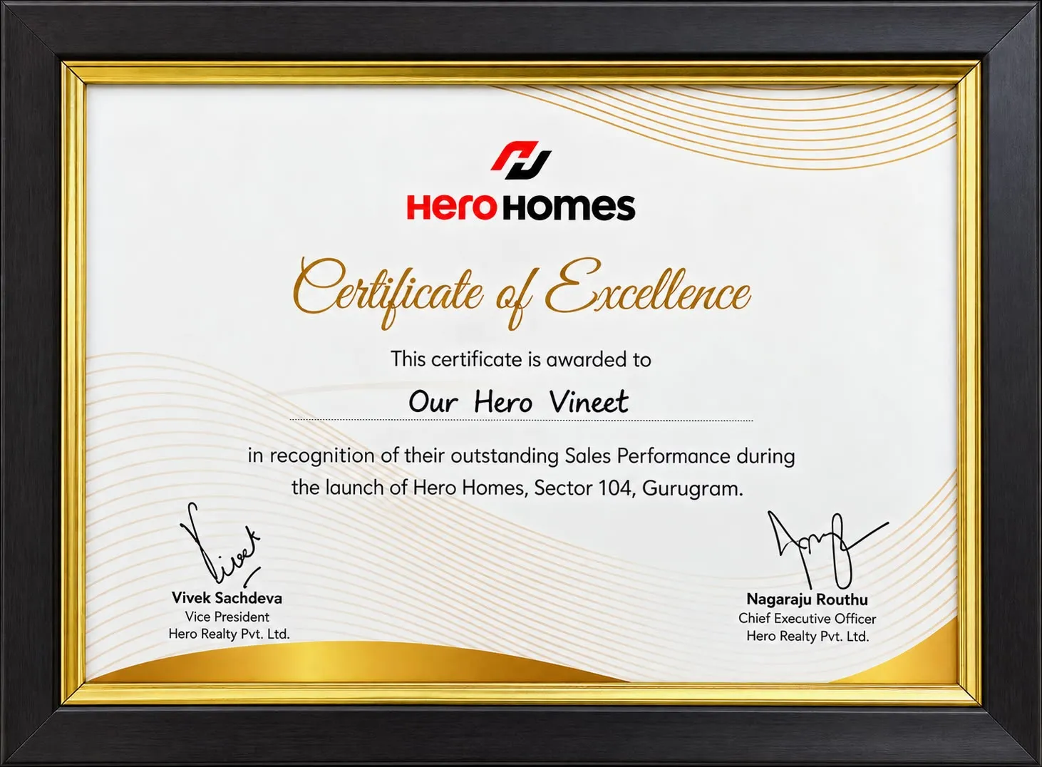 Gold-framed Hero Homes certificate of excellence for sales performance during the Sector 104 Gurugram launch.