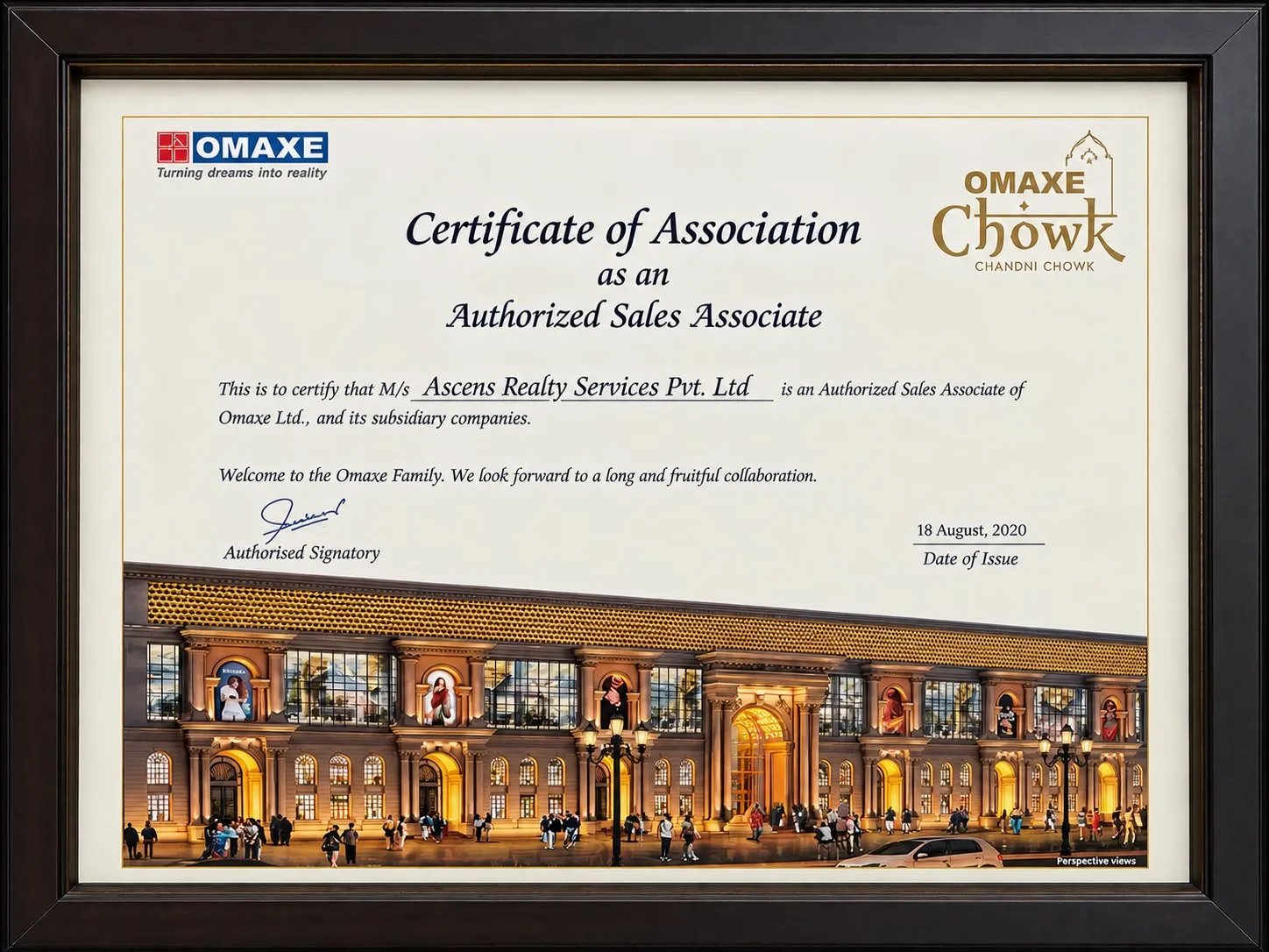 Framed Omaxe certificate of association naming Ascens Realty Services an authorised sales associate for Omaxe Chowk.