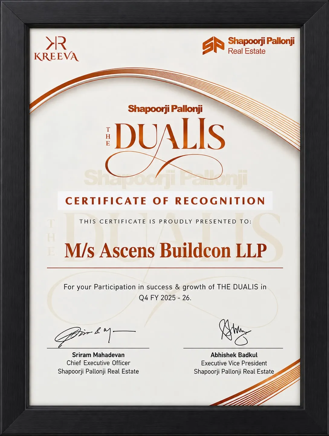 Framed Shapoorji Pallonji Real Estate certificate of recognition presented to M/s Ascens Buildcon LLP for The Dualis.
