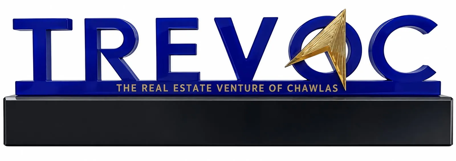 Blue and gold TREVOC desk plaque reading "the real estate venture of Chawlas".