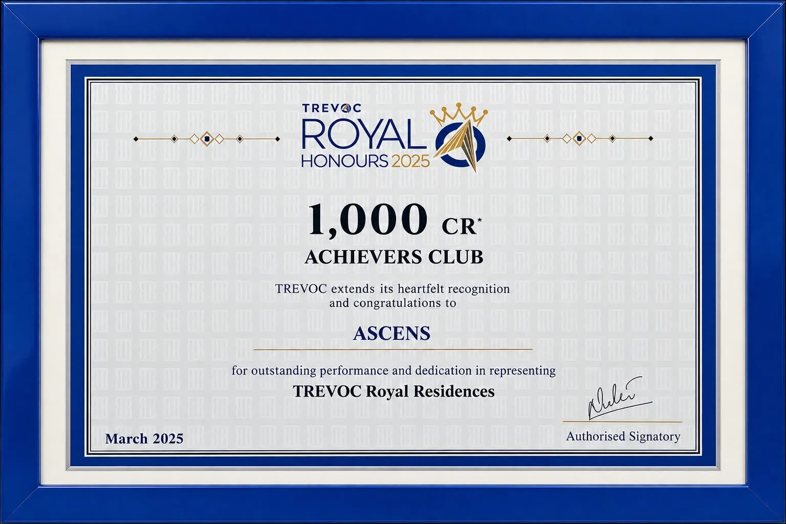 Blue-framed TREVOC Royal Honours 2025 certificate admitting Ascens to the 1,000 crore achievers club.